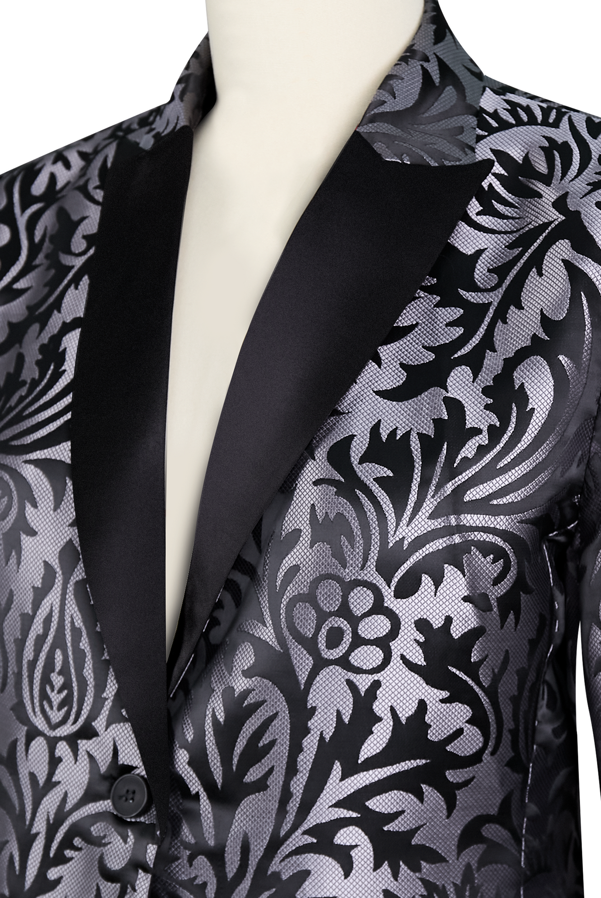 Black satin jacquard blazer by Lumina Wear, tailored fit with elegant lapels, styled on a mannequin.