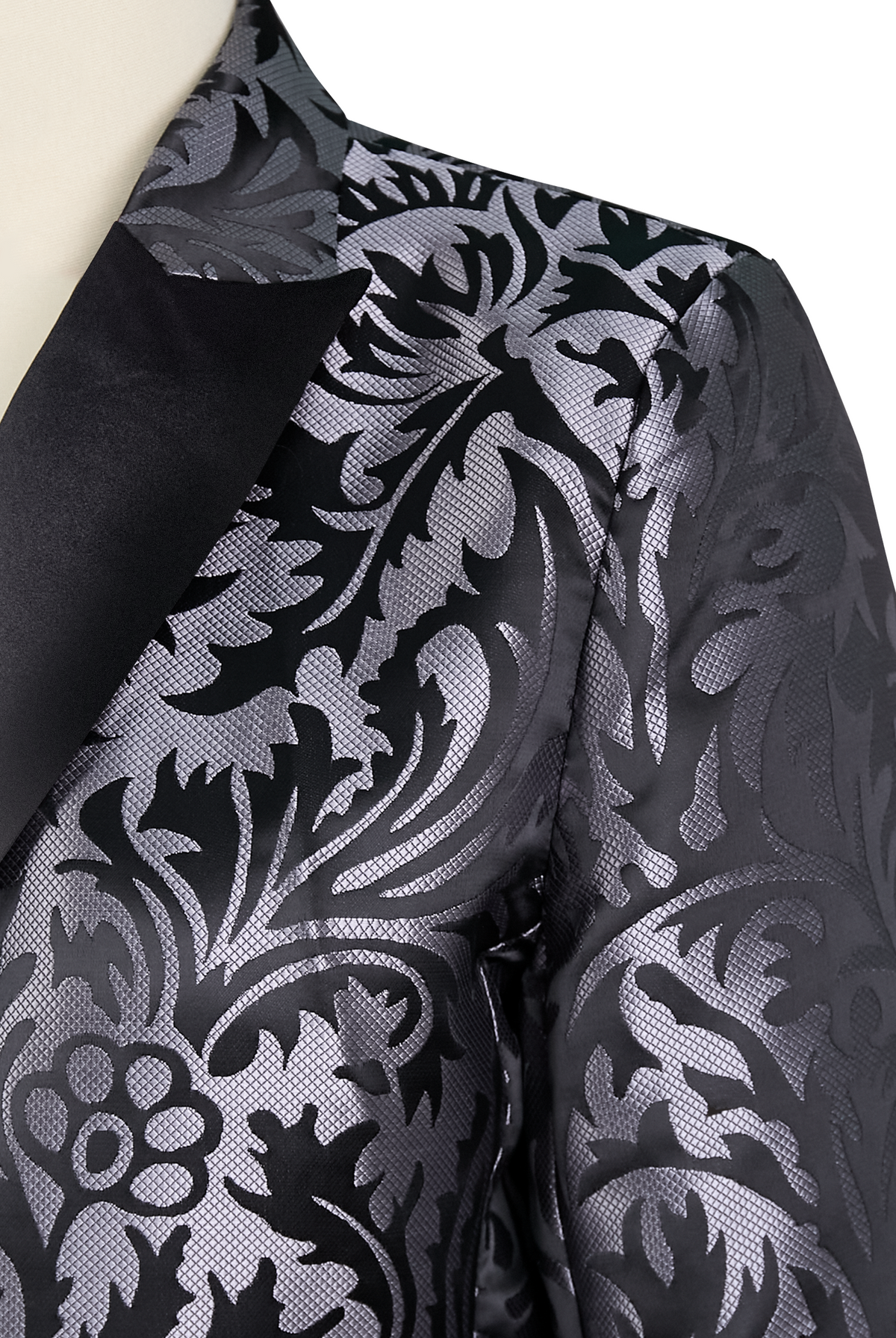 Black satin jacquard blazer by Lumina Wear, featuring tailored fit and elegant design, worn by Elena.