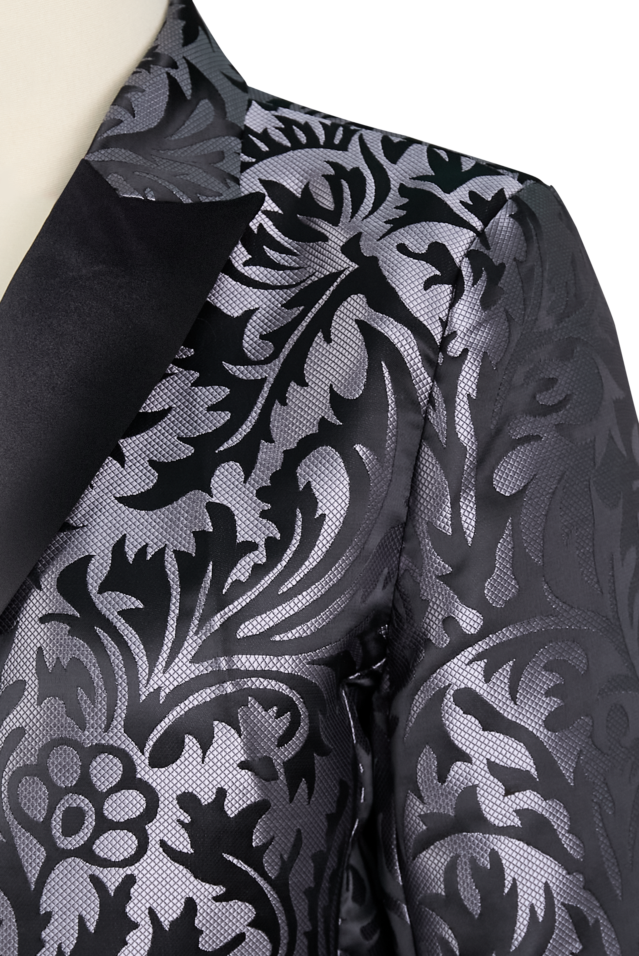 Black satin jacquard blazer by Lumina Wear, featuring tailored fit and elegant design, worn by Elena.