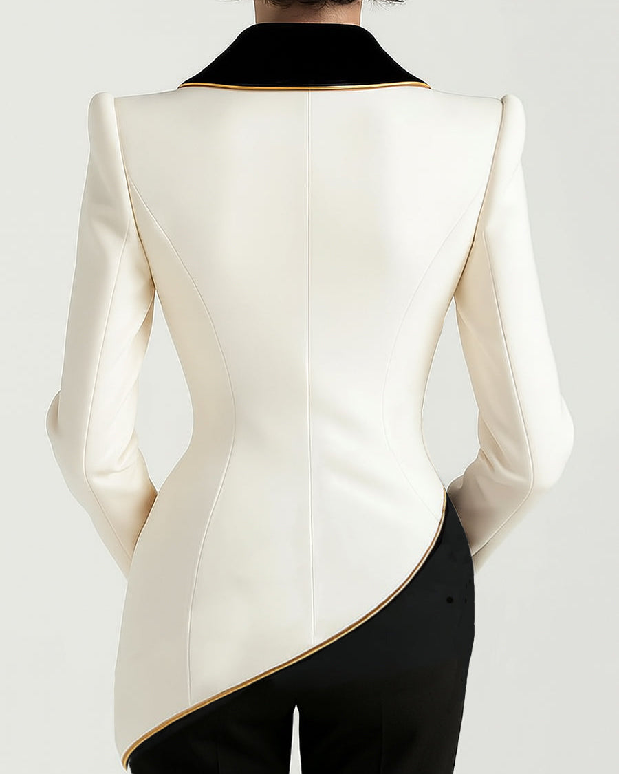 Lumina Wear Elena blazer with asymmetrical design and black contrast lapels, featuring a stylish white blazer with modern details.