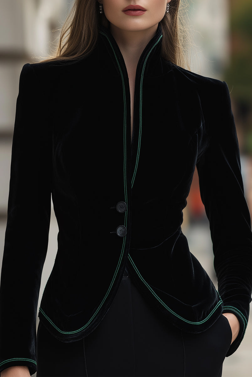 Black Aurelie blazer with contrast trim from Lumina Wear, shown on a model, featuring tailored fit and stylish design.