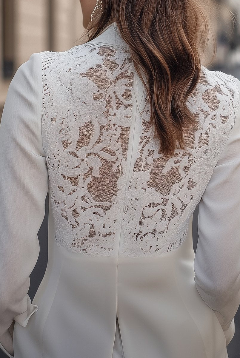 Lumina Wear Rosalyn blazer with structured silhouette in white, featuring tailored design and classic fit on model.