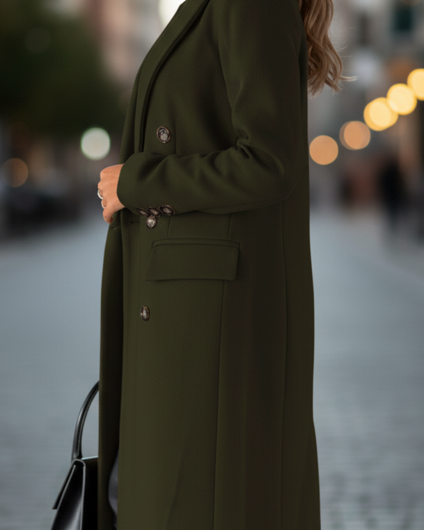 Olive green Elena Lumina Wear classic tailored coat, front view showing structured design and notched lapels.