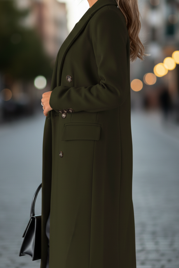 Olive green Elena classic tailored coat by Lumina Wear, featuring a structured design and stylish lapels for a polished look.