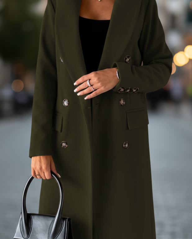 Olive green Elena Lumina Wear classic tailored coat with a structured fit and collar, displayed on a hanger.