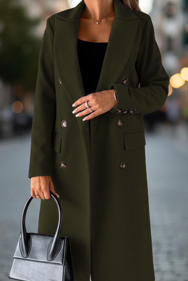 Olive green Elena Lumina Wear classic tailored coat, front view, featuring sleek design and structured fit.