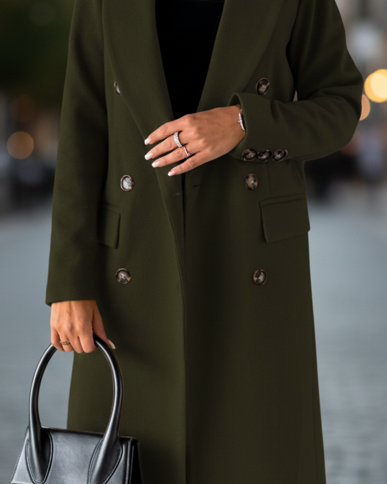 Olive green Elena classic tailored coat by Lumina Wear, shown on a model with front view and detailed collar design.