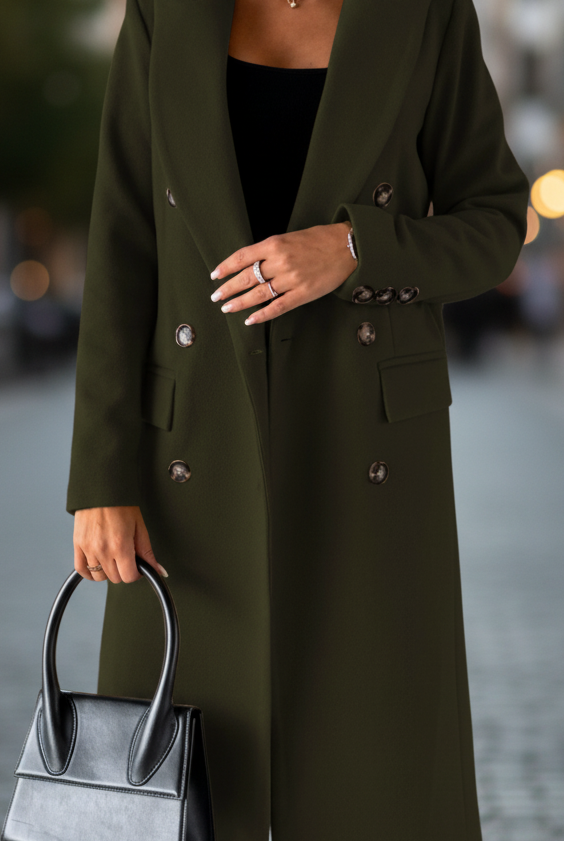 Olive green Elena Lumina Wear classic tailored coat with structured fit, long sleeves, and collar, displayed on a hanger.
