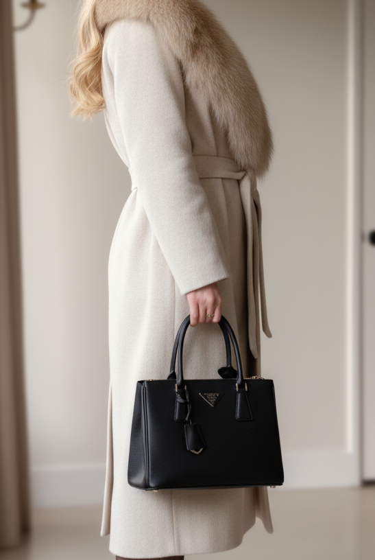 Ivory Elena coat by Lumina Vancouver featuring a faux fur collar and belt, shown on a model with front view.