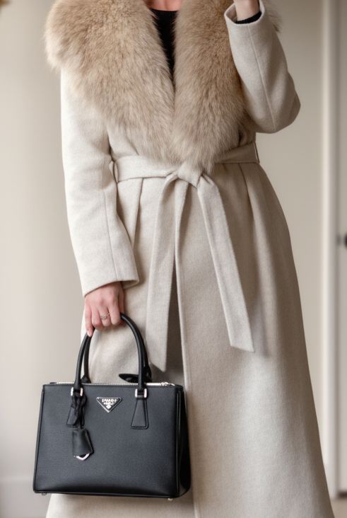 Ivory Lumina Elena coat with faux fur collar and belt, stylish winter outerwear, shown on a model.