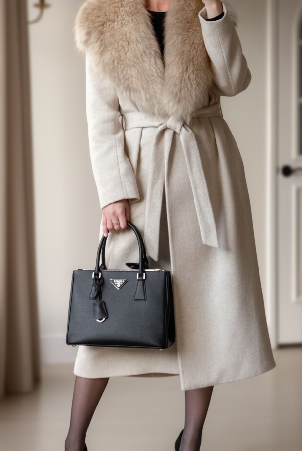 Lumina Vancouver Elena coat with faux fur collar and belt, ivory color, stylish winter outerwear, XS size displayed.
