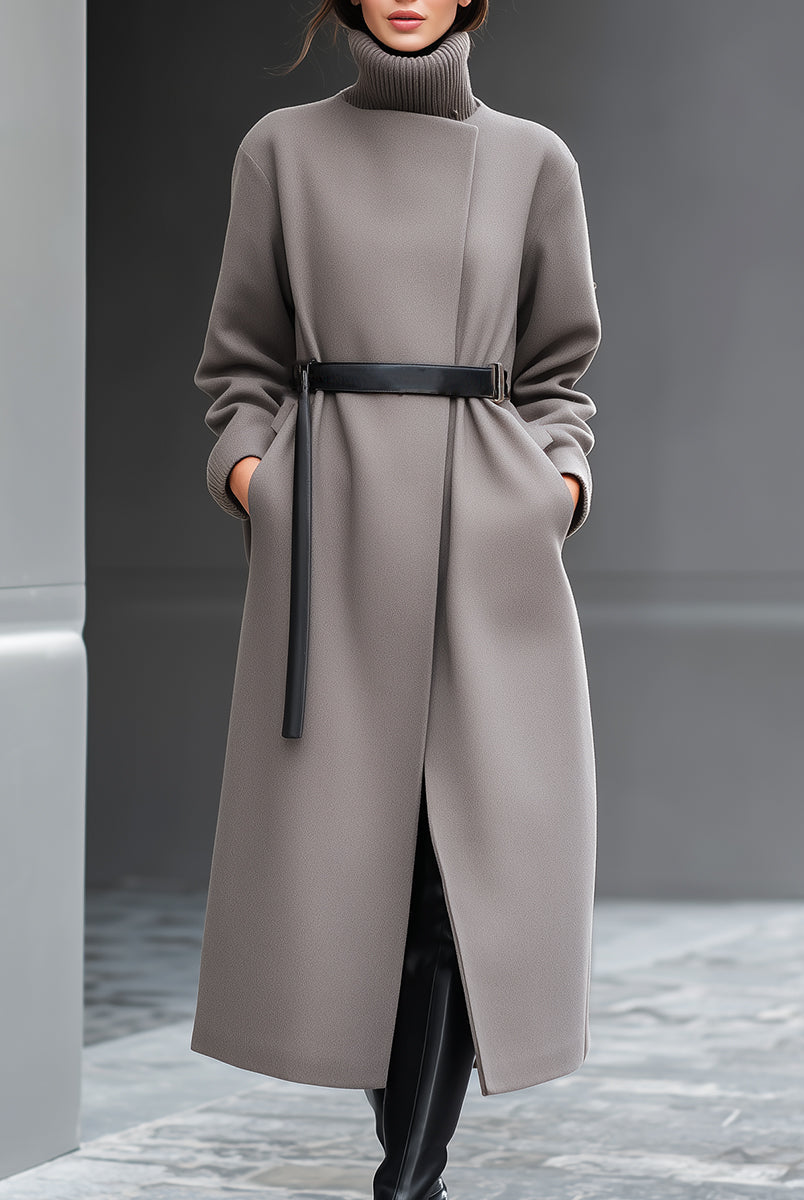 Taupe Wilhelmina coat with minimalist belt design by Lumina Vancouver, shown on a model with a tailored fit and clean lines.