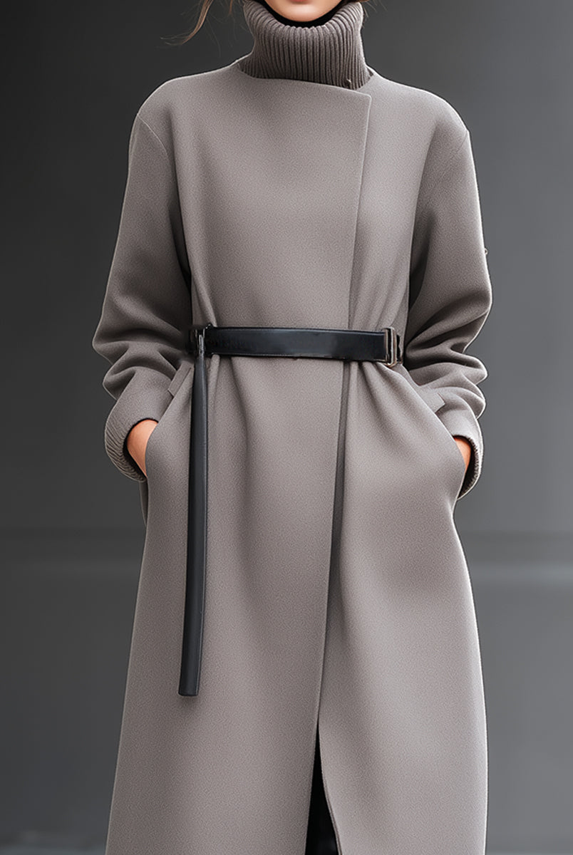 Taupe Wilhelmina coat by Lumina Vancouver featuring a minimalist belted design, shown on a model with a stylish, tailored fit.