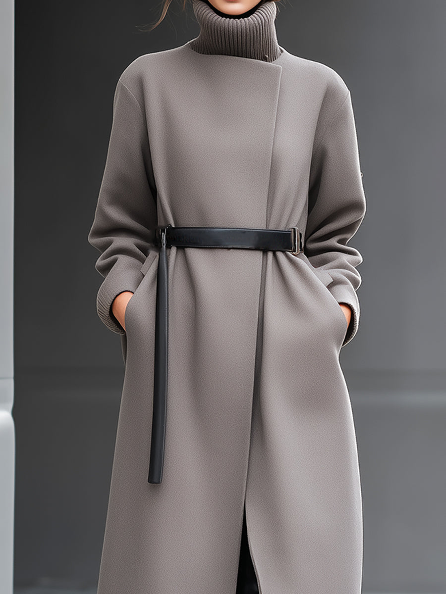 Taupe Wilhelmina coat by Lumina Vancouver featuring a minimalist belted design, shown on a model with a stylish, tailored fit.
