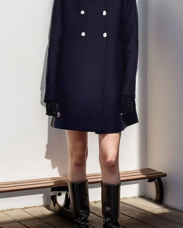 Navy blue Elena Collar Maxi Structured Coat by Lumina Wear, front view showcasing tailored design and collar detail.