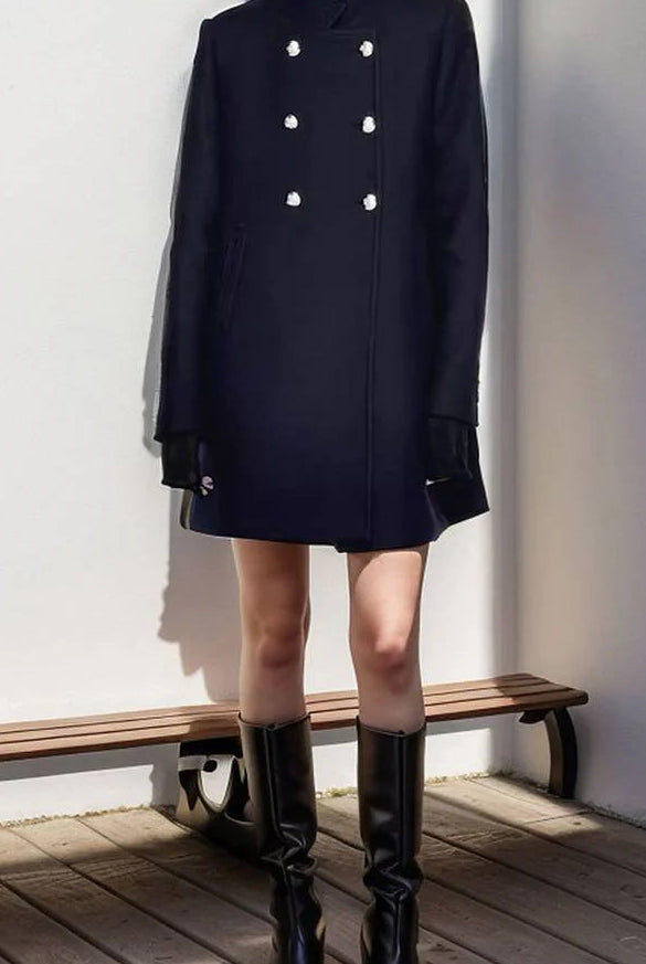 Navy blue Elena Collar Maxi Structured Coat by Lumina Vancouver, showing a tailored long coat with collar detail.