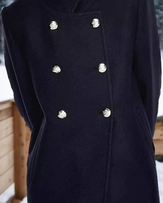 Navy blue Elena collar maxi structured coat by Lumina Wear, showing front view with tailored design and collar detail.