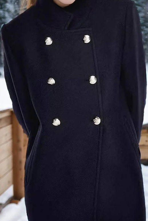 Navy blue Elena Collar Maxi Structured Coat by Lumina Vancouver, showing the coat's tailored collar and sleek design.