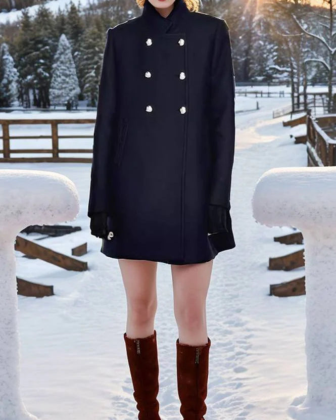 Navy blue Elena collar maxi structured coat by Lumina Wear, shown in XS size, featuring a tailored collar and sleek design.