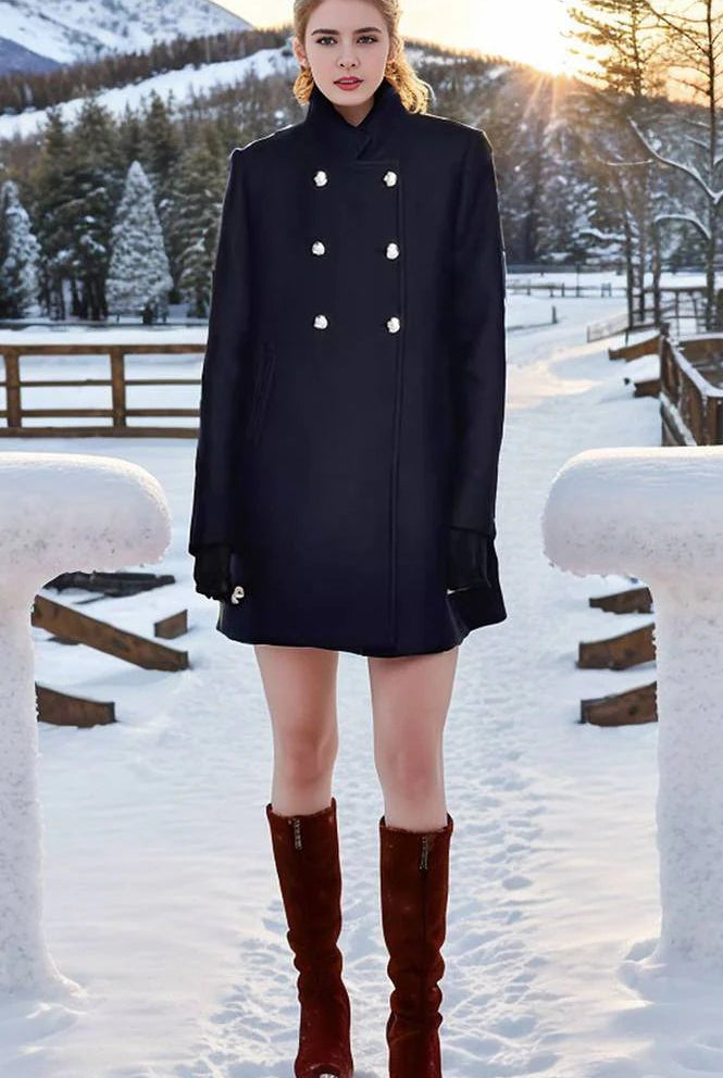 Navy blue Elena collar maxi structured coat by Lumina Vancouver, shown in XS size, detailed view of the tailored coat design.