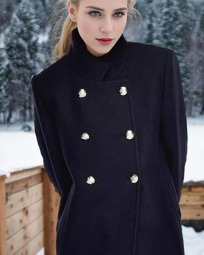 Navy blue Elena collar maxi structured coat by Lumina Wear, showcasing a tailored design and elegant length.