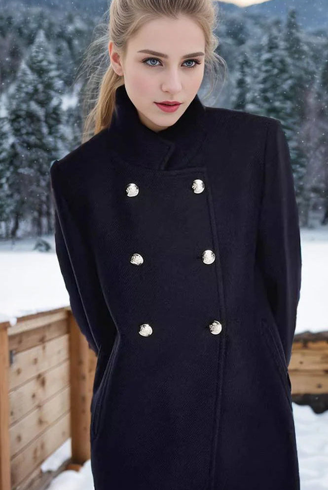 Navy blue Elena collar maxi structured coat by Lumina Vancouver with tailored design and long sleeves.
