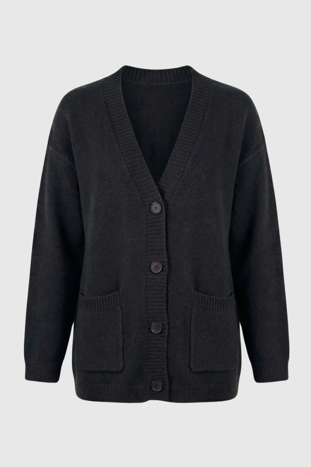 Black knit cardigan with ribbed details from Lumina Wear, featuring a cozy fit and classic design in the Elena sweater collection.