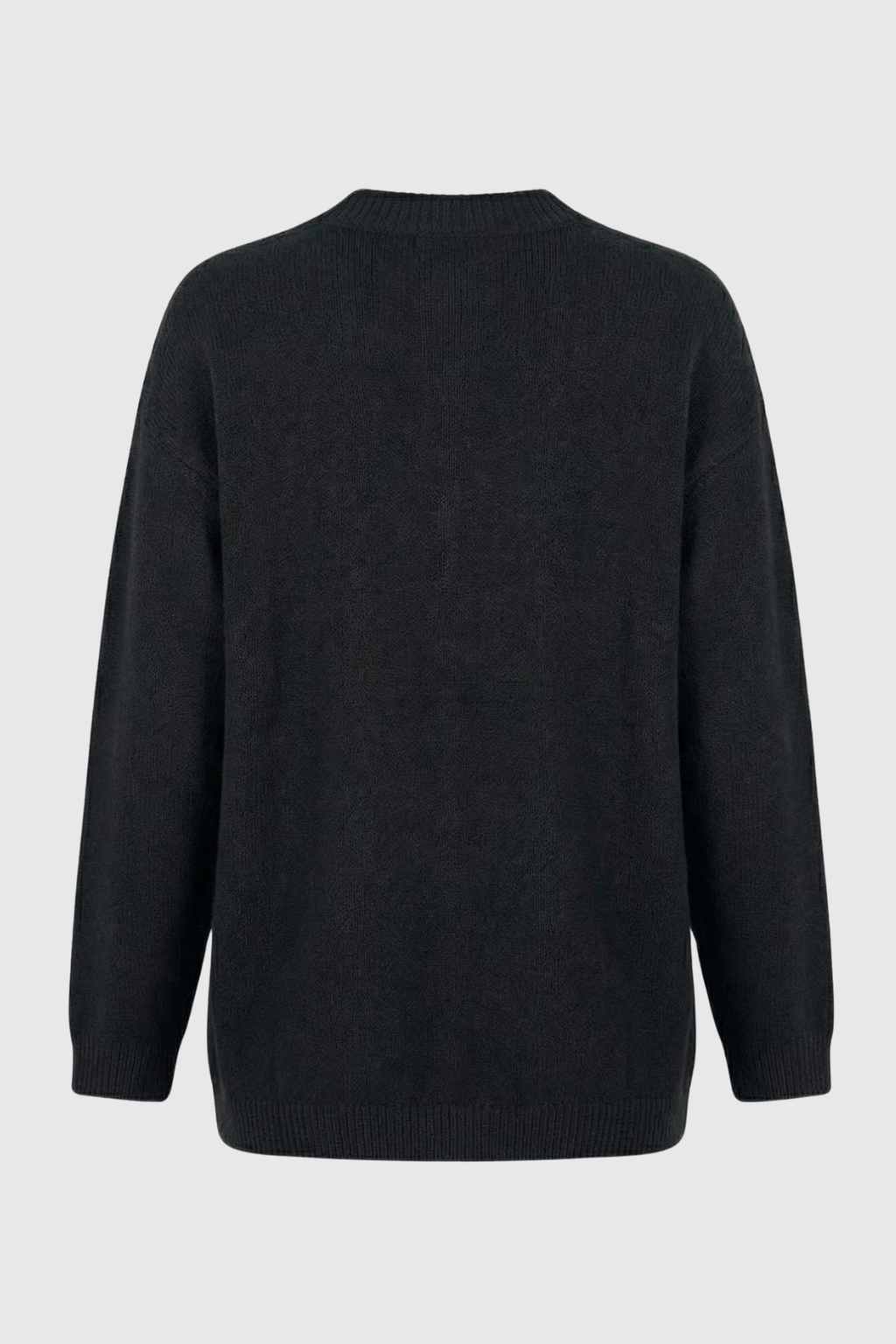 Black knit cardigan with ribbed details from Lumina Wear's Elena collection, featuring a cozy, stylish sweater for casual wear.