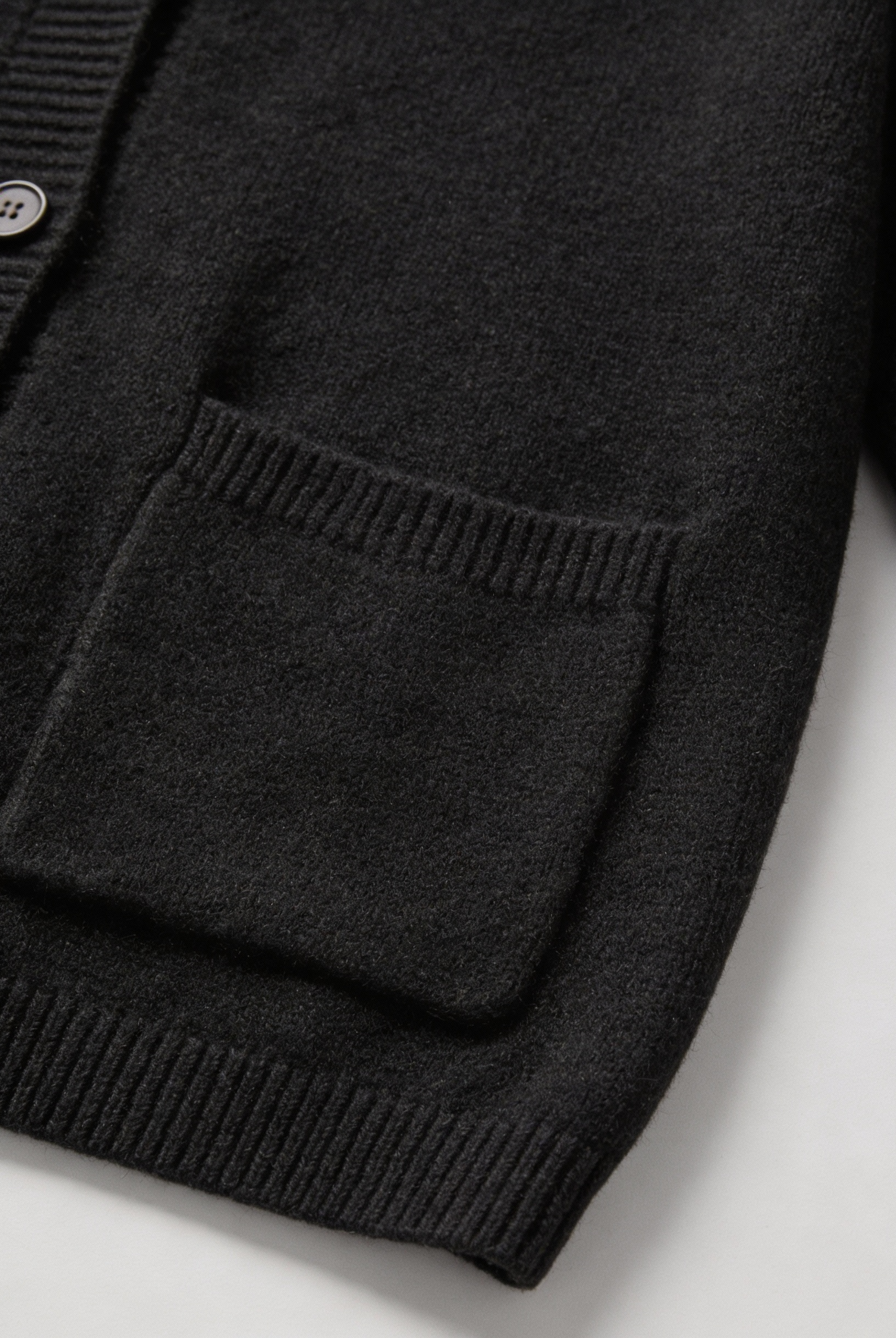 Black knit cardigan with ribbed details from Lumina Wear's Elena collection, cozy and stylish for casual wear.