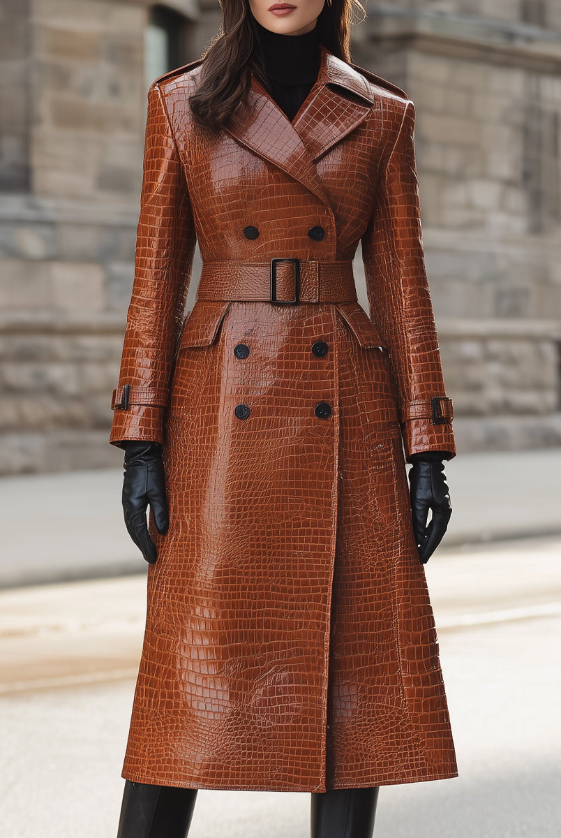 Constance Lumina Vancouver caramel croc-embossed faux leather trench coat with belted waist, shown on a model.