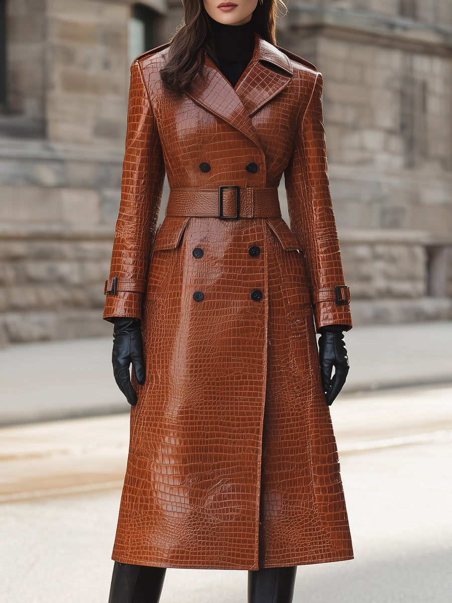 Constance Lumina Vancouver caramel croc-embossed faux leather trench coat with belted waist, shown on a model.