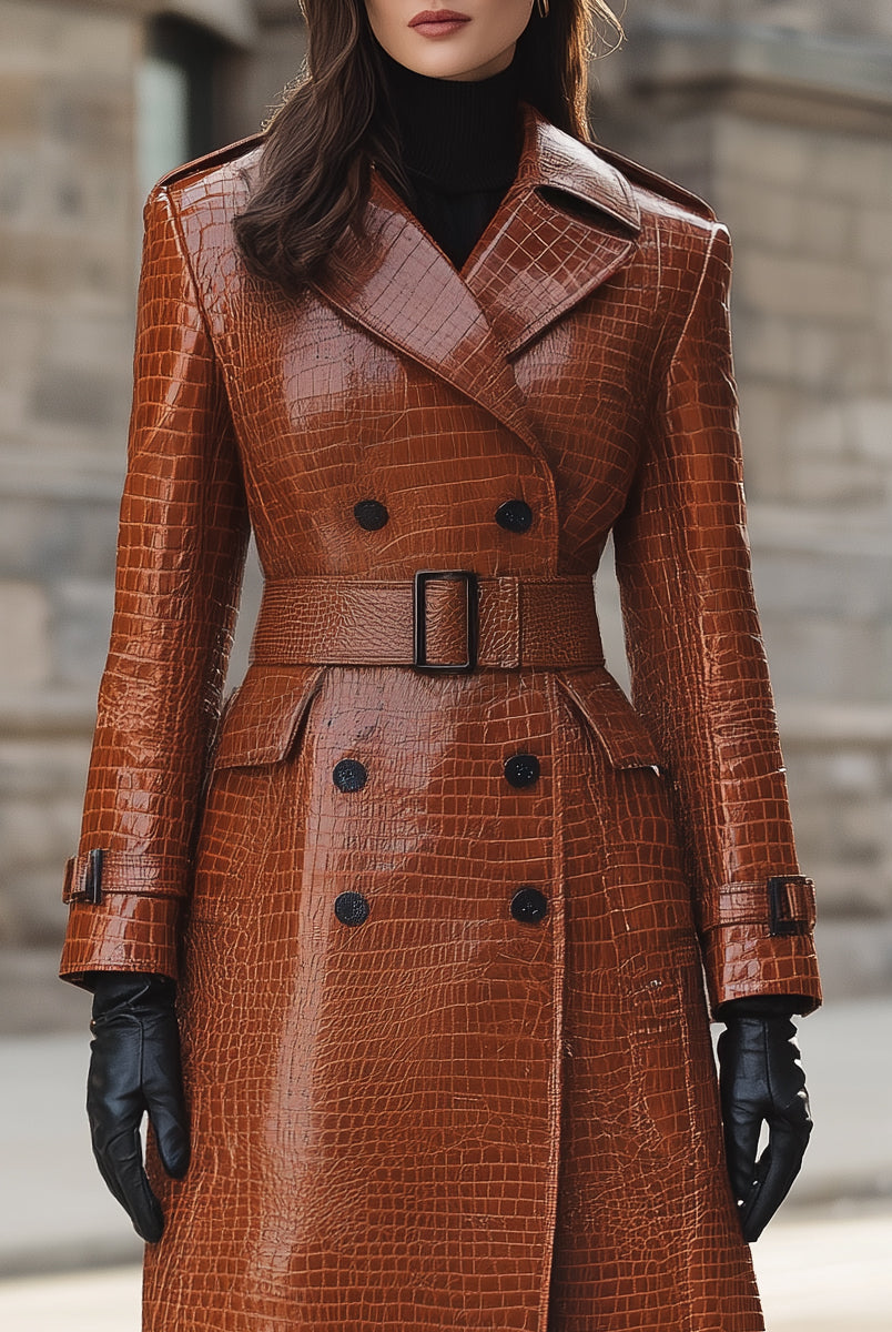 Croc-embossed faux leather trench coat with belted waist by Lumina Vancouver, shown in caramel color, front view.