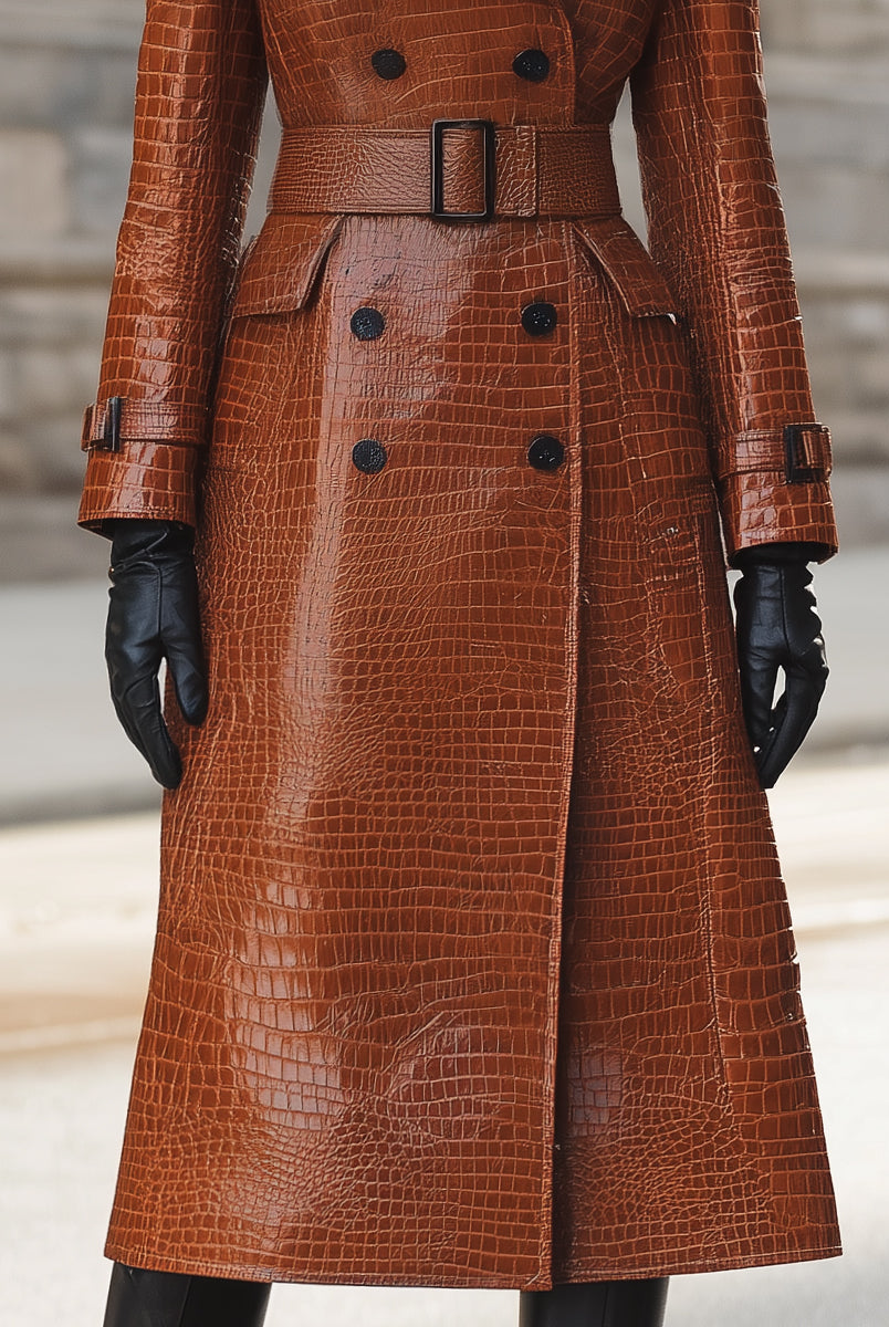 Croc-embossed faux leather trench coat with belted waist in caramel color, by Lumina Vancouver, shown on a model.