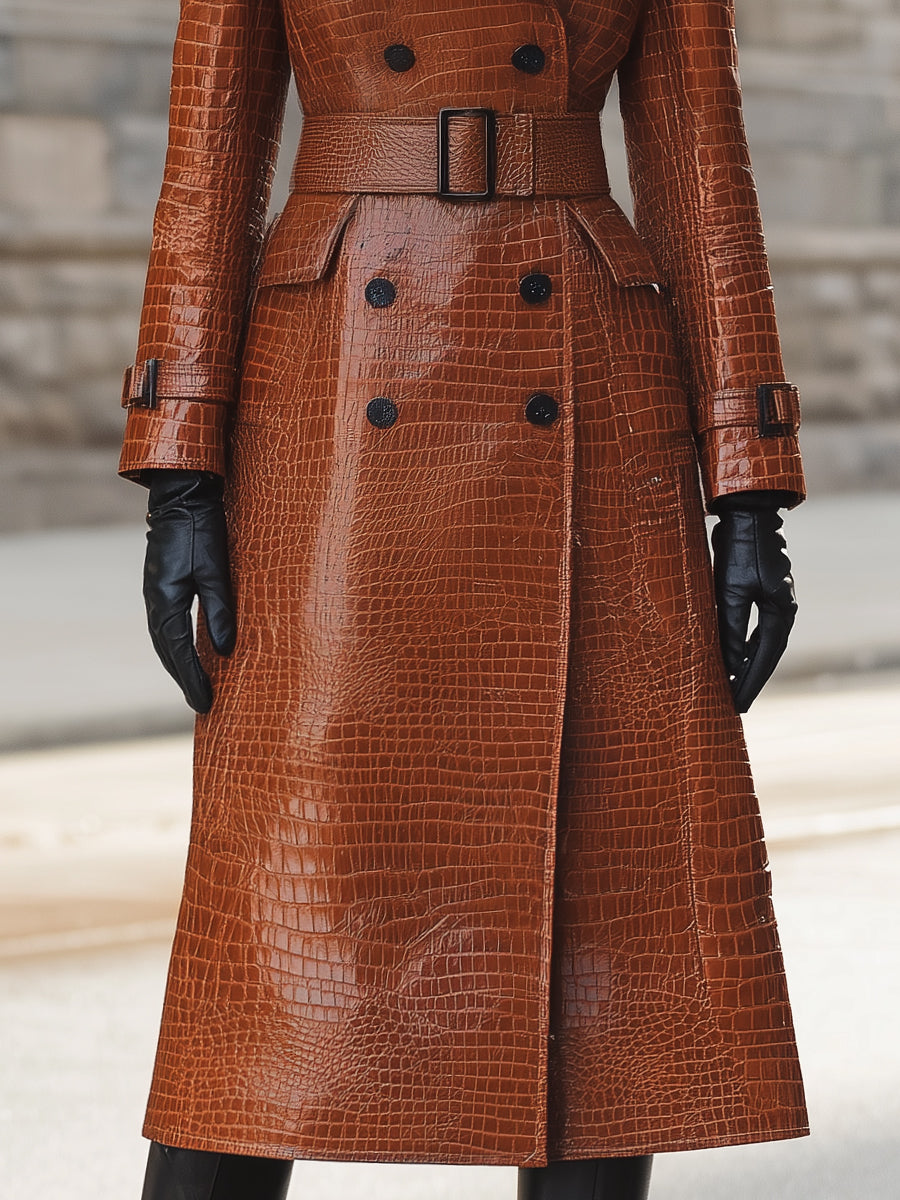 Croc-embossed faux leather trench coat with belted waist in caramel color, by Lumina Vancouver, shown on a model.