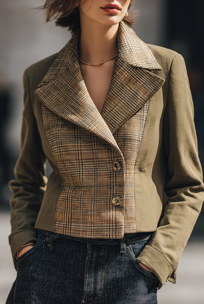 Khaki cropped blazer by Lumina Vancouver, featuring tailored fit and stylish design, worn by Elena in the image.