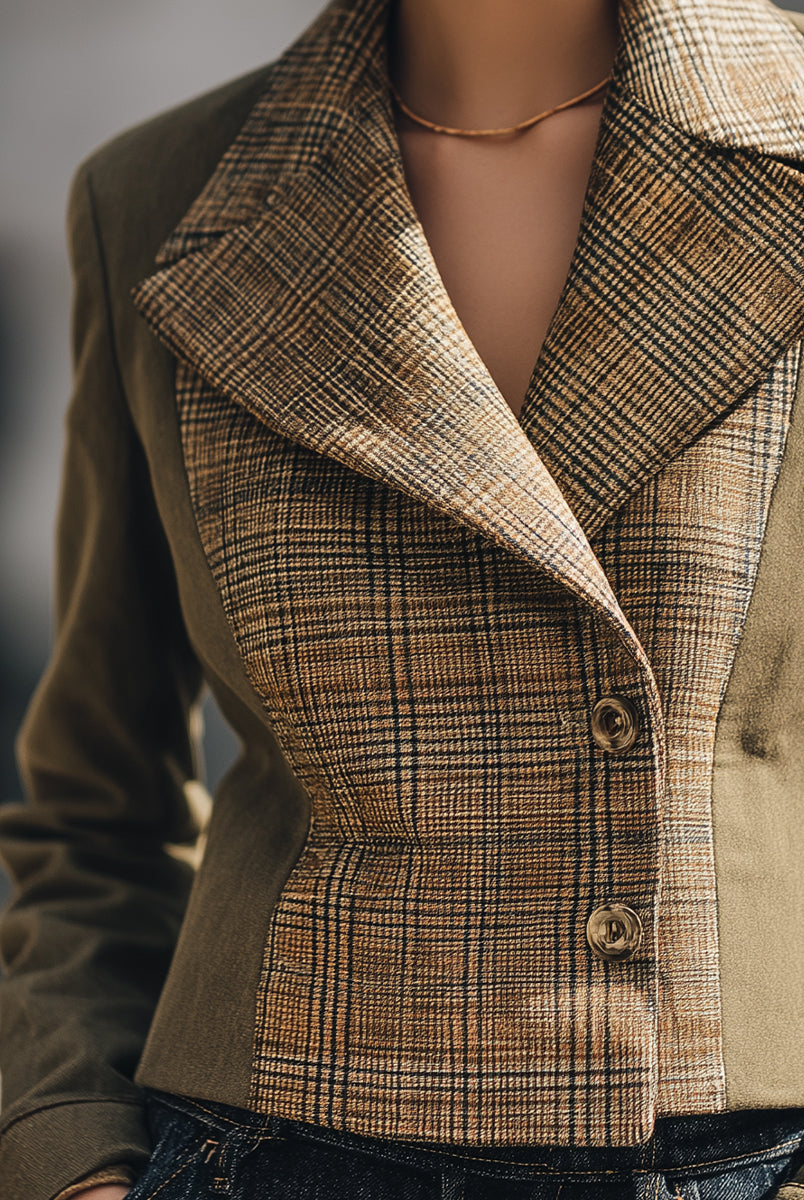 Khaki cropped blazer by Lumina Vancouver featuring a tailored fit and stylish design, worn by Elena.