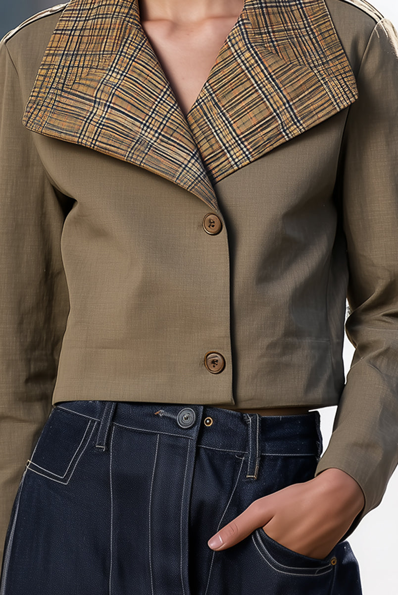 Selma Lumina Vancouver khaki cropped jacket with oversized plaid collar, stylish and cozy for casual wear.