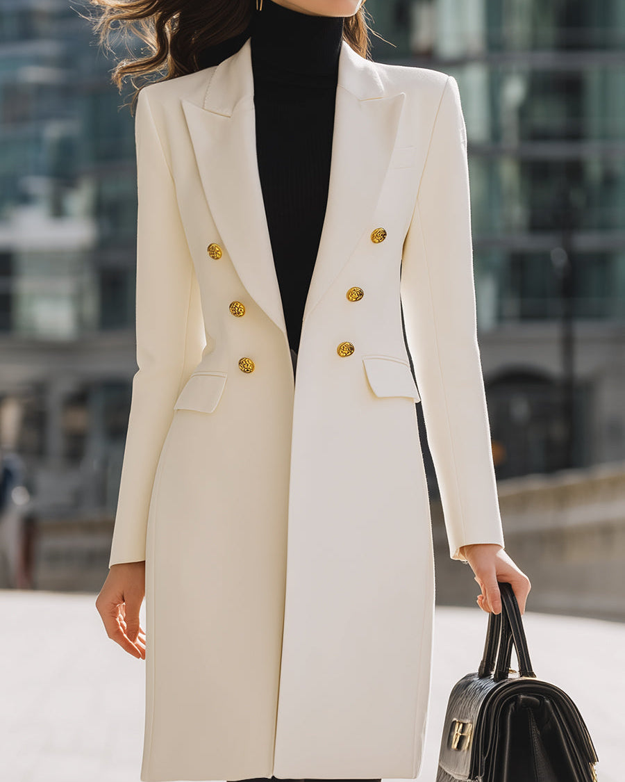 White Bernadette double-breasted blazer coat with gold button details by Lumina Wear, shown on a model.
