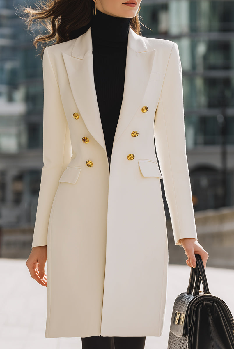 White Bernadette double-breasted blazer coat by Lumina Vancouver featuring gold button details, tailored fit, and stylish design.