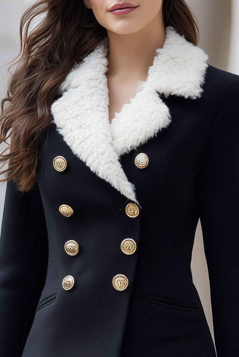 Black Lumina Wear double-breasted blazer with faux shearling trim, tailored fit, and stylish lapels, shown on a model.