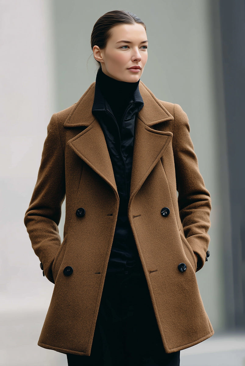 Camel double-breasted Lumina Vancouver jacket named Frankie, shown in size XS with stylish lapels and tailored fit.