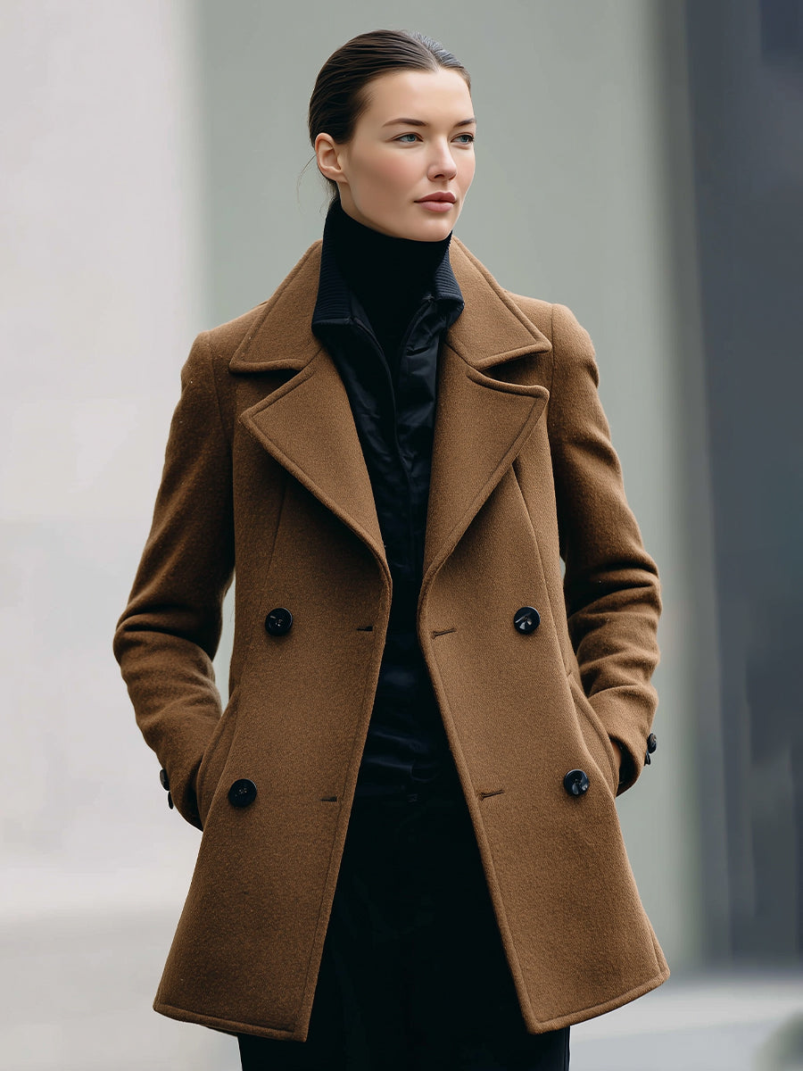 Camel double-breasted Lumina Vancouver jacket named Frankie, shown in size XS with stylish lapels and tailored fit.