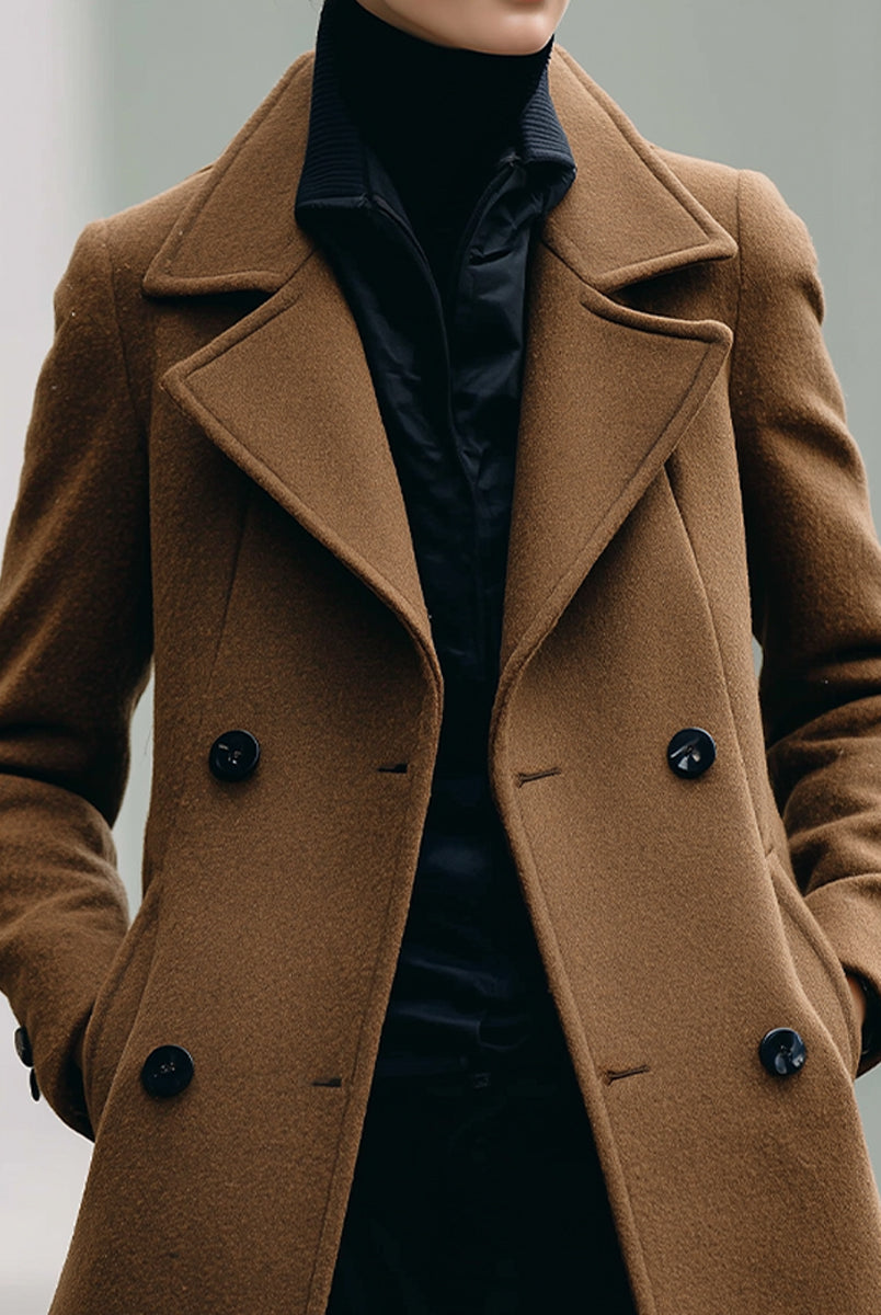Camel double-breasted jacket by Lumina Vancouver, featuring a stylish, tailored fit and classic lapel design.