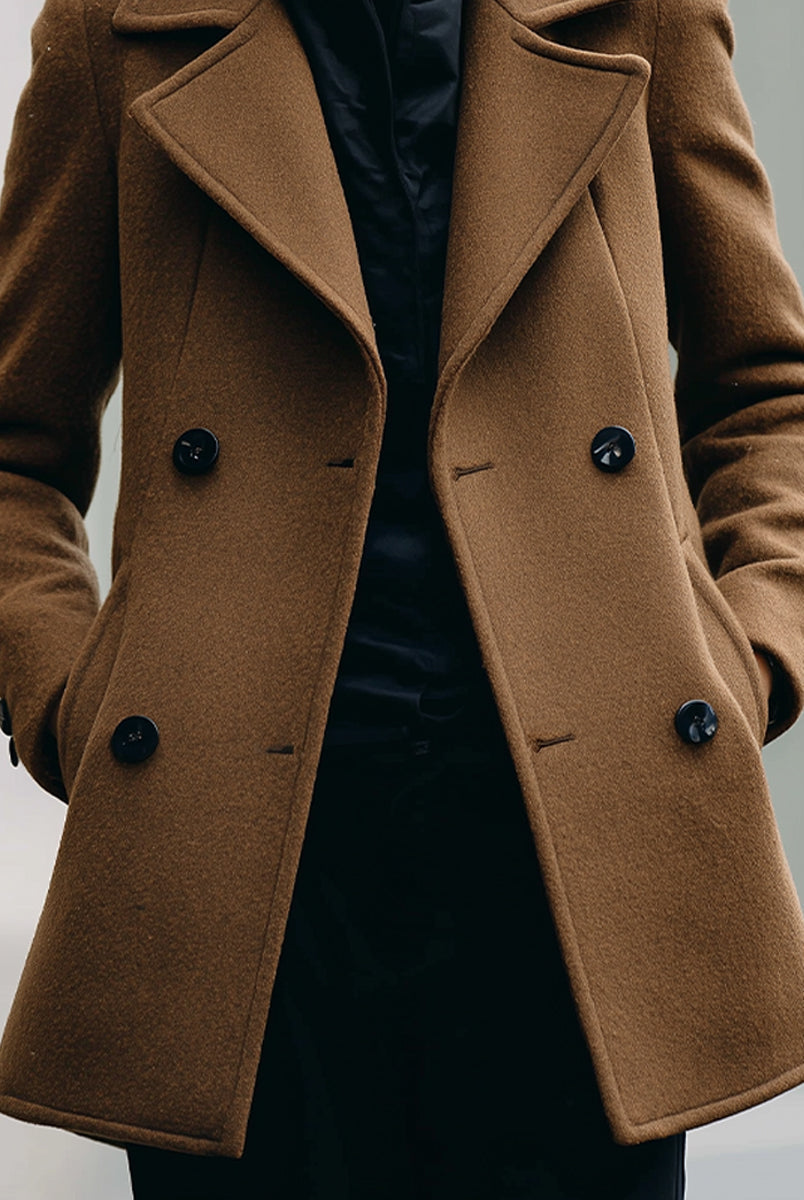 Camel Frankie double-breasted jacket by Lumina Vancouver, shown on a model, featuring classic lapels and tailored fit.