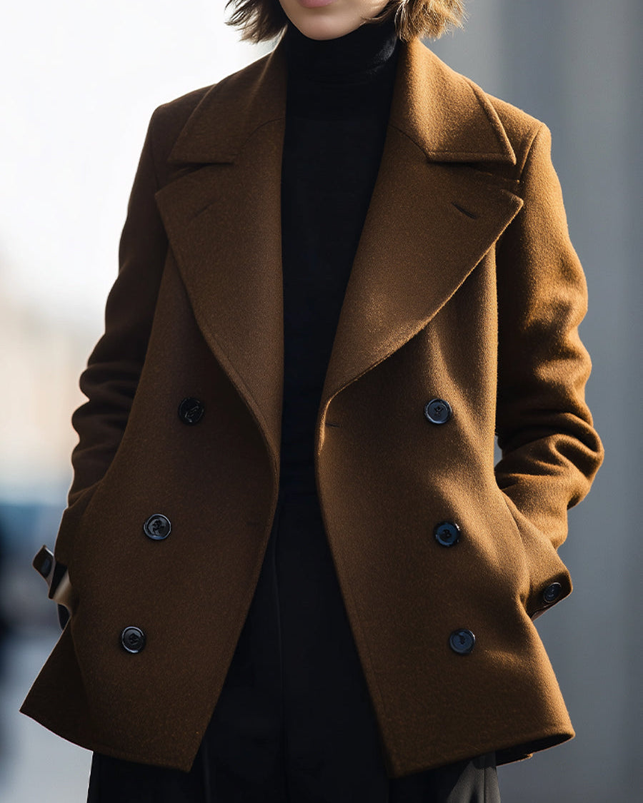 Elena wearing Lumina Wear's double-breasted coffee-colored coffee coat, stylish jacket, in Vancouver, XS size.