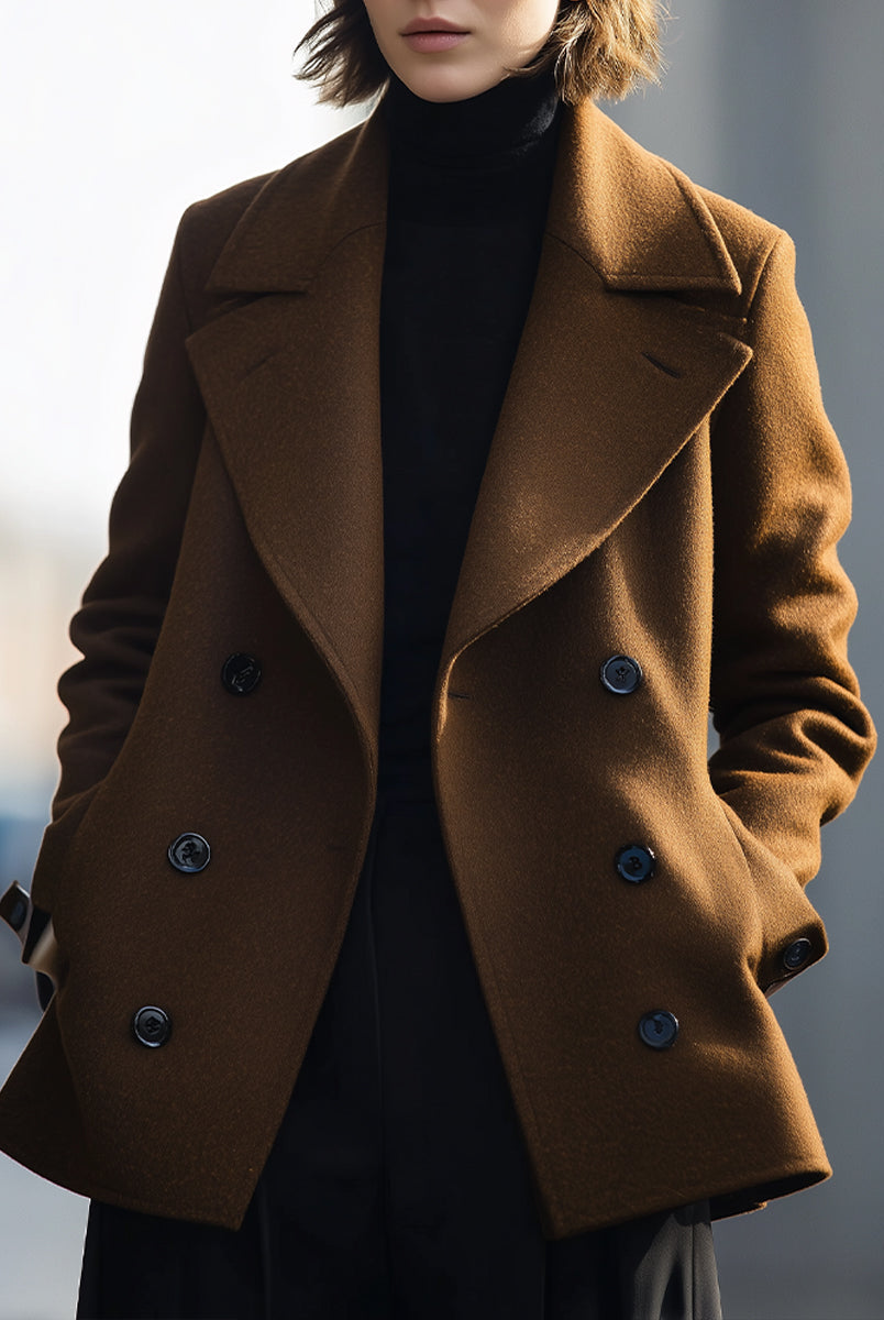 Elena Lumina Vancouver double-breasted coffee jacket, lightweight coat with lapel collar and tailored fit, ideal for fall and winter wear.