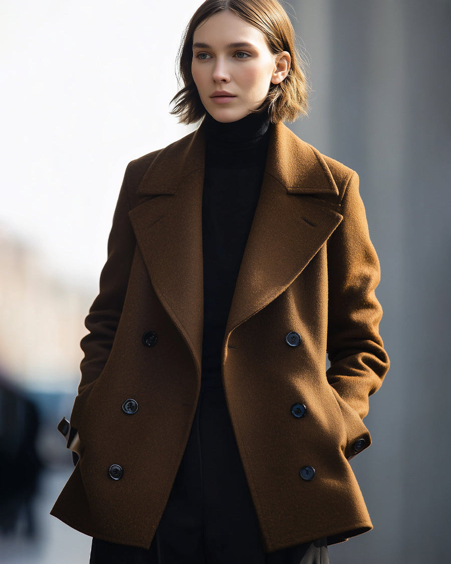 Elena wearing Lumina Wear's double-breasted coffee coat, a stylish jacket in a warm coffee color with lapels and button details.