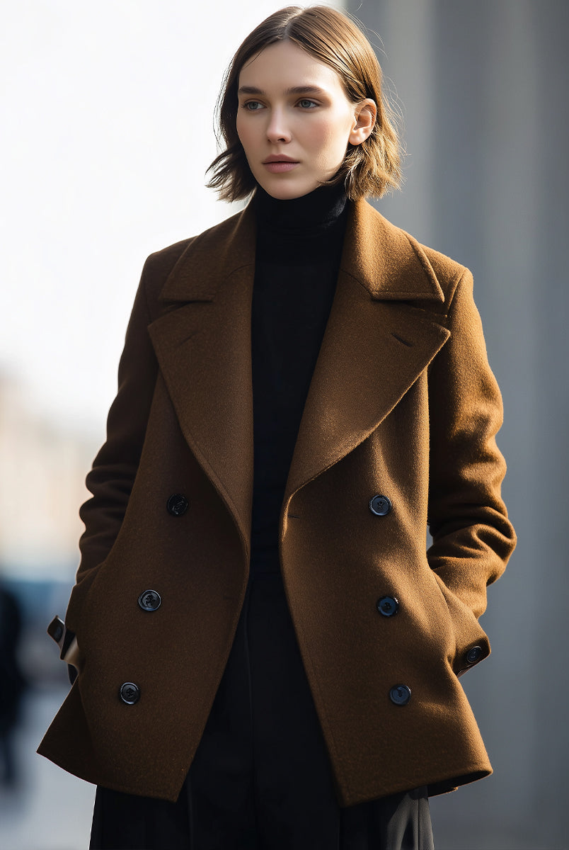 Elena Lumina Vancouver double-breasted coffee coat jacket with tailored fit and button details, stylish for cold weather.