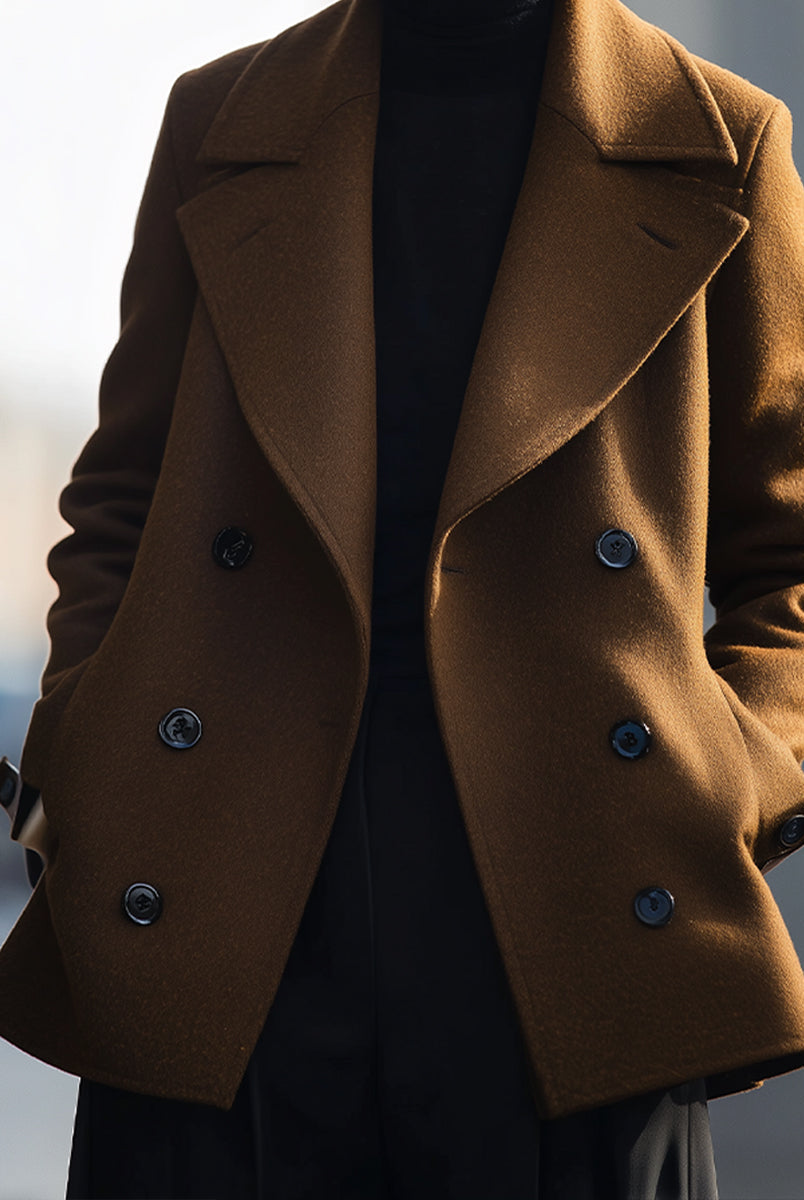Elena wearing the Lumina Vancouver double-breasted coffee coat jacket, stylish and warm, in a rich coffee color, front view.