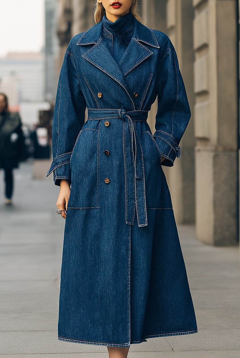 Blue Elena double-breasted denim trench coat by Lumina Vancouver, showcasing classic style and tailored fit.